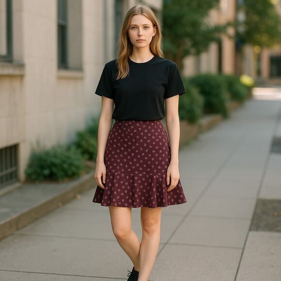 Gap VTG Vintage 100% Silk Flared Knee Length Floral Skirt Burgundy Size 2 - Picture 1 of 6